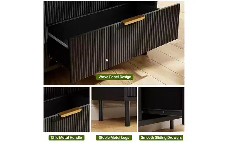 Cassettiera a 6 cassetti scanalati con maniglie e gambe in metallo, utilizzabile anche come porta TV, legno ingegnerizzato – Nero o Quercia Naturale