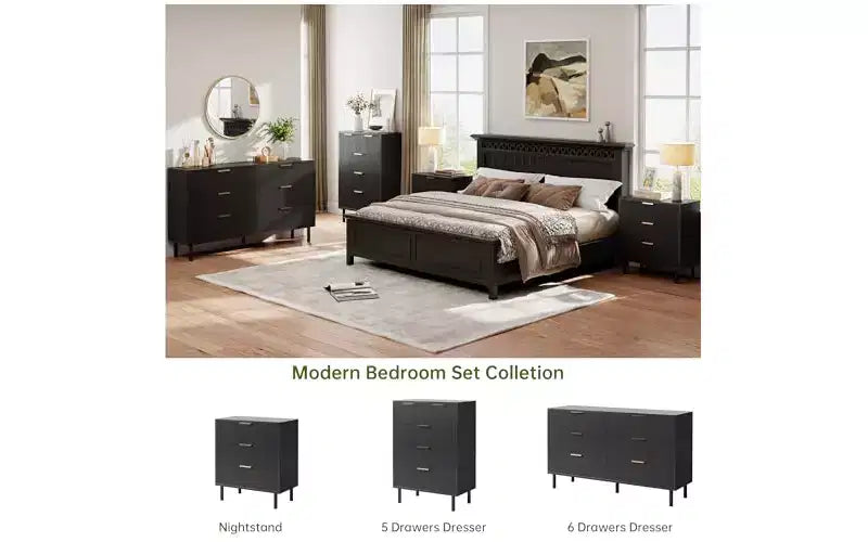 Cassettiera a 6 cassetti scanalati con maniglie e gambe in metallo, utilizzabile anche come porta TV, legno ingegnerizzato – Nero o Quercia Naturale