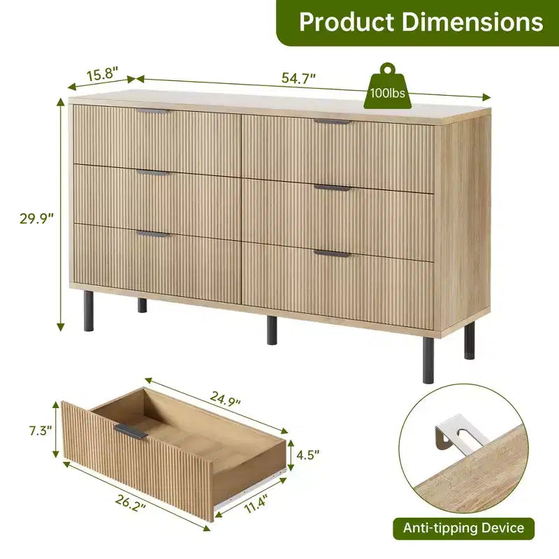 Cassettiera a 6 cassetti scanalati con maniglie e gambe in metallo, utilizzabile anche come porta TV, legno ingegnerizzato – Nero o Quercia Naturale