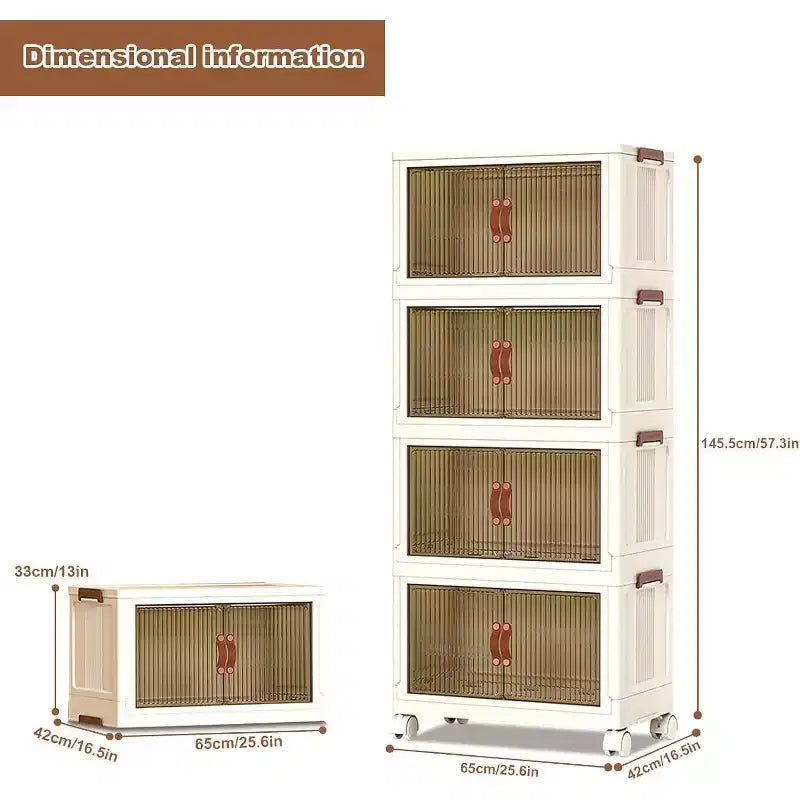 Contenitori portaoggetti impilabili a 4 livelli con ruote, organizer pieghevole da 68 L con ante trasparenti a chiusura magnetica