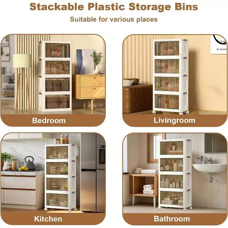 Contenitori portaoggetti impilabili a 4 livelli con ruote, organizer pieghevole da 68 L con ante trasparenti a chiusura magnetica