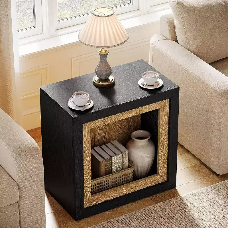 Tavolino Rustico a Cubo con Design Ispirato a Cornice, Tavolino da Divano/Comodino in Legno da 60 cm per Soggiorno e Camera da Letto, Nero e Marrone