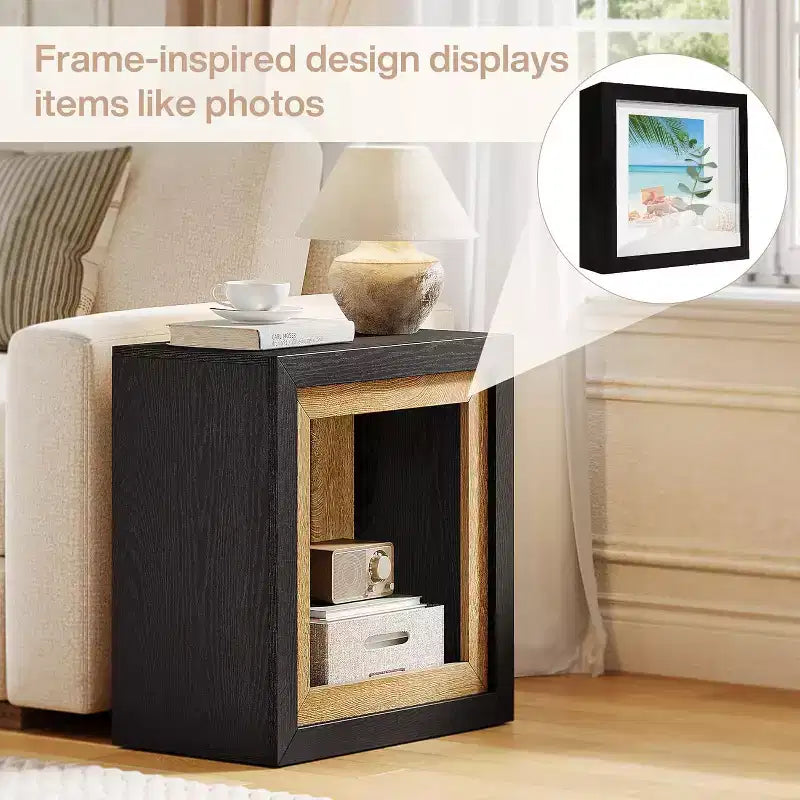 Tavolino Rustico a Cubo con Design Ispirato a Cornice, Tavolino da Divano/Comodino in Legno da 60 cm per Soggiorno e Camera da Letto, Nero e Marrone