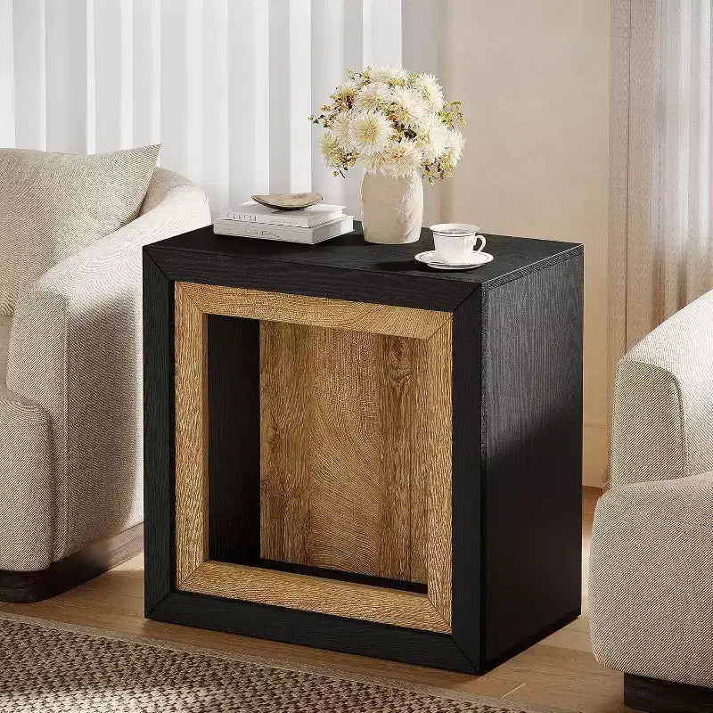 Tavolino Rustico a Cubo con Design Ispirato a Cornice, Tavolino da Divano/Comodino in Legno da 60 cm per Soggiorno e Camera da Letto, Nero e Marrone