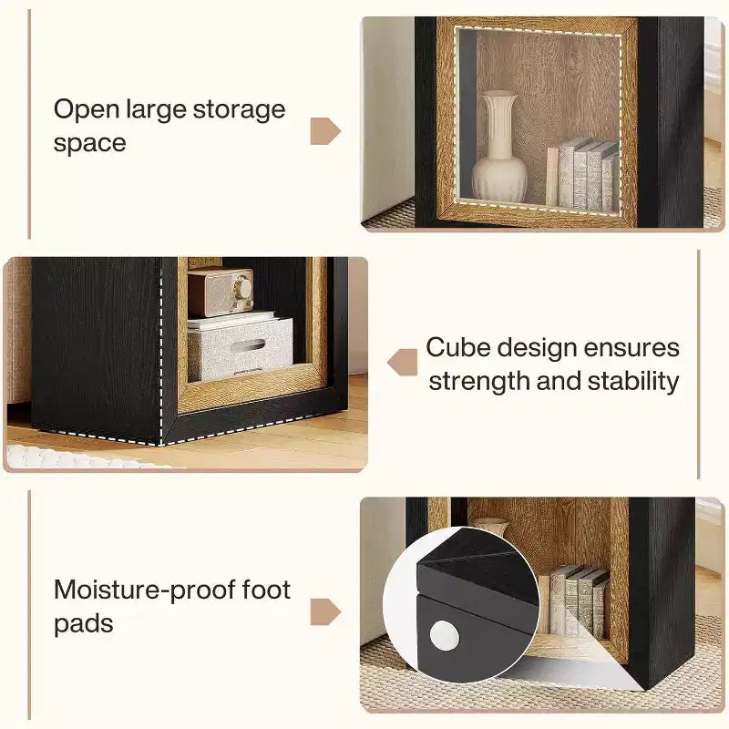 Tavolino Rustico a Cubo con Design Ispirato a Cornice, Tavolino da Divano/Comodino in Legno da 60 cm per Soggiorno e Camera da Letto, Nero e Marrone