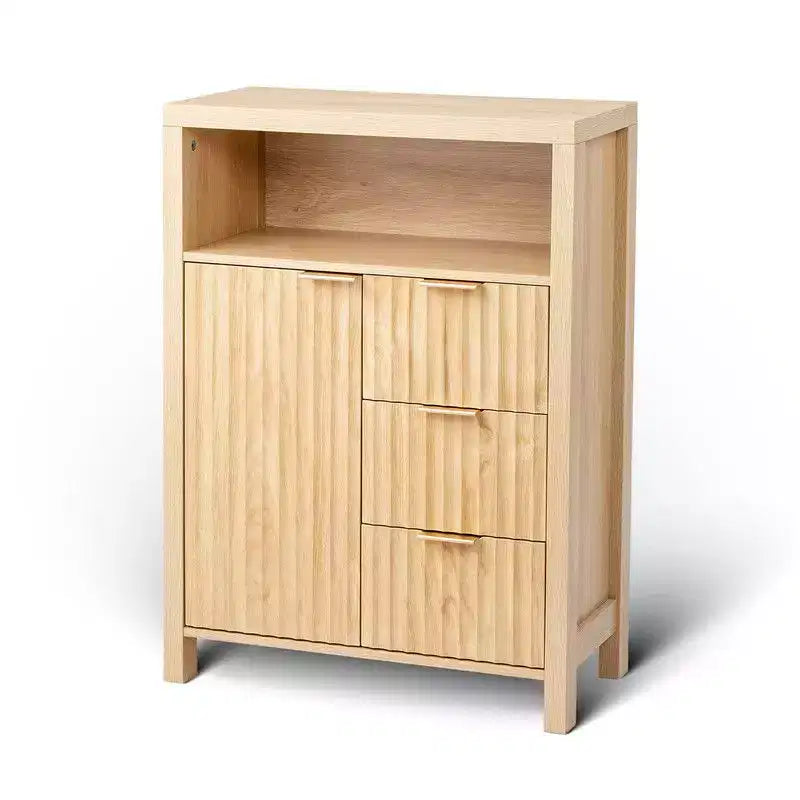 Mobiletto contenitore indipendente con 3 cassetti, 1 anta e ripiano aperto, in composito effetto rovere per bagno, soggiorno e camera da letto