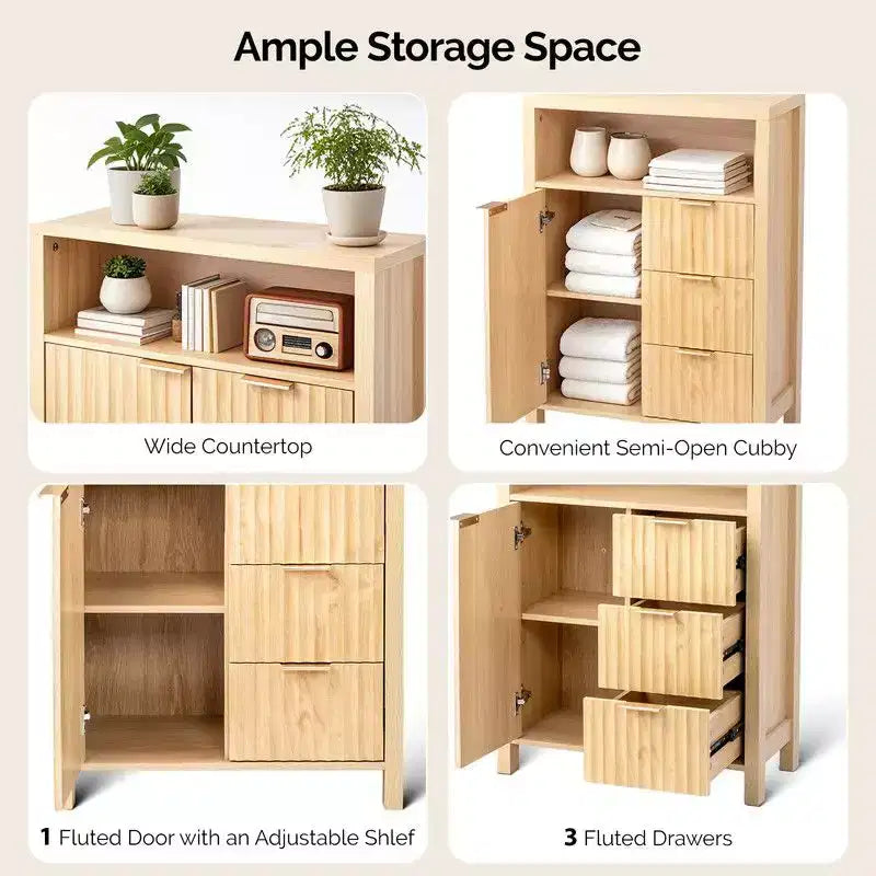 Mobiletto contenitore indipendente con 3 cassetti, 1 anta e ripiano aperto, in composito effetto rovere per bagno, soggiorno e camera da letto