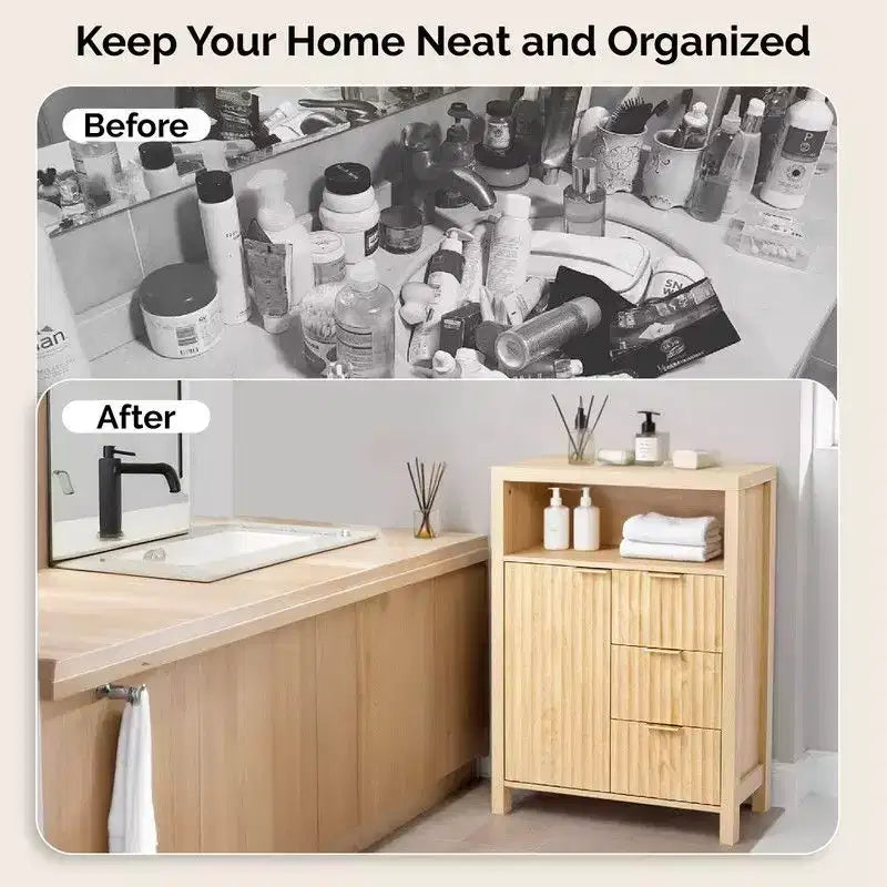 Mobiletto contenitore indipendente con 3 cassetti, 1 anta e ripiano aperto, in composito effetto rovere per bagno, soggiorno e camera da letto