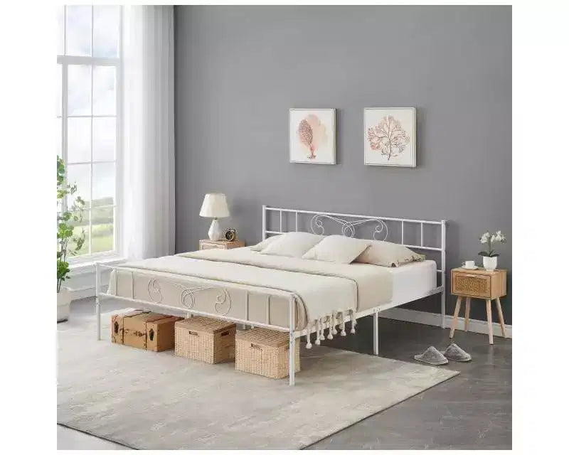Struttura Letto Matrimoniale King Size in Metallo con Testiera e Supporto a Doghe in Acciaio, con 35 cm di Spazio Contenitore, Nessuna Rete a Molle Necessaria, Facile da Montare