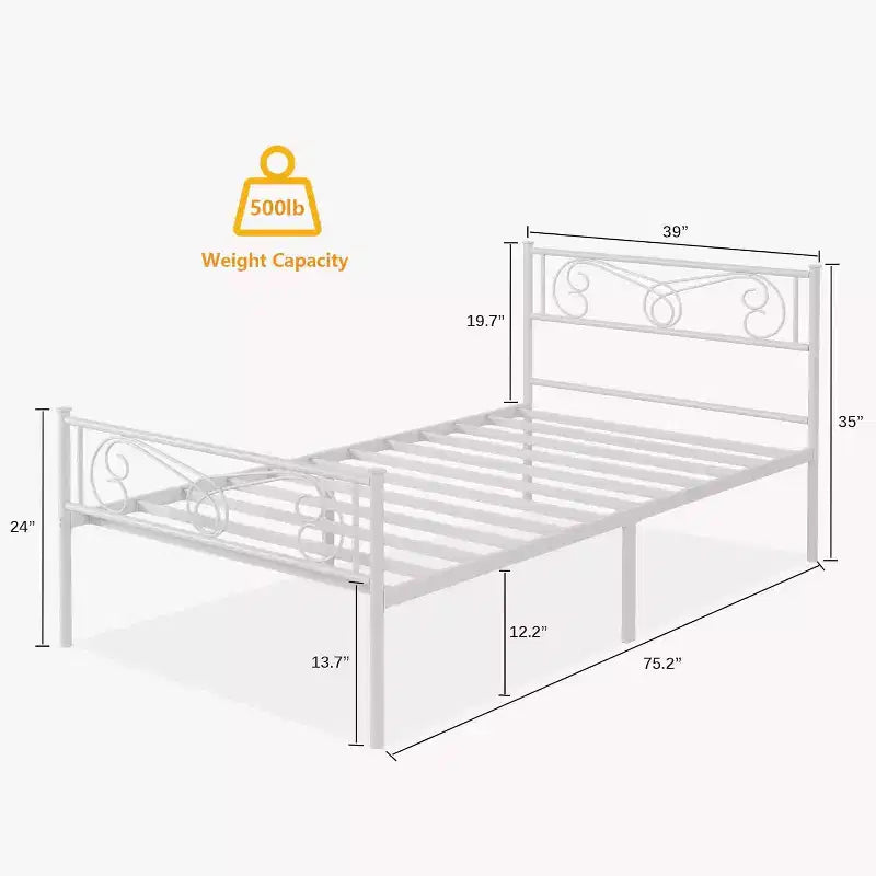 Struttura Letto Matrimoniale King Size in Metallo con Testiera e Supporto a Doghe in Acciaio, con 35 cm di Spazio Contenitore, Nessuna Rete a Molle Necessaria, Facile da Montare