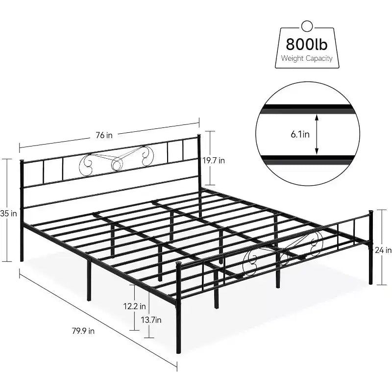 Struttura Letto Matrimoniale King Size in Metallo con Testiera e Supporto a Doghe in Acciaio, con 35 cm di Spazio Contenitore, Nessuna Rete a Molle Necessaria, Facile da Montare