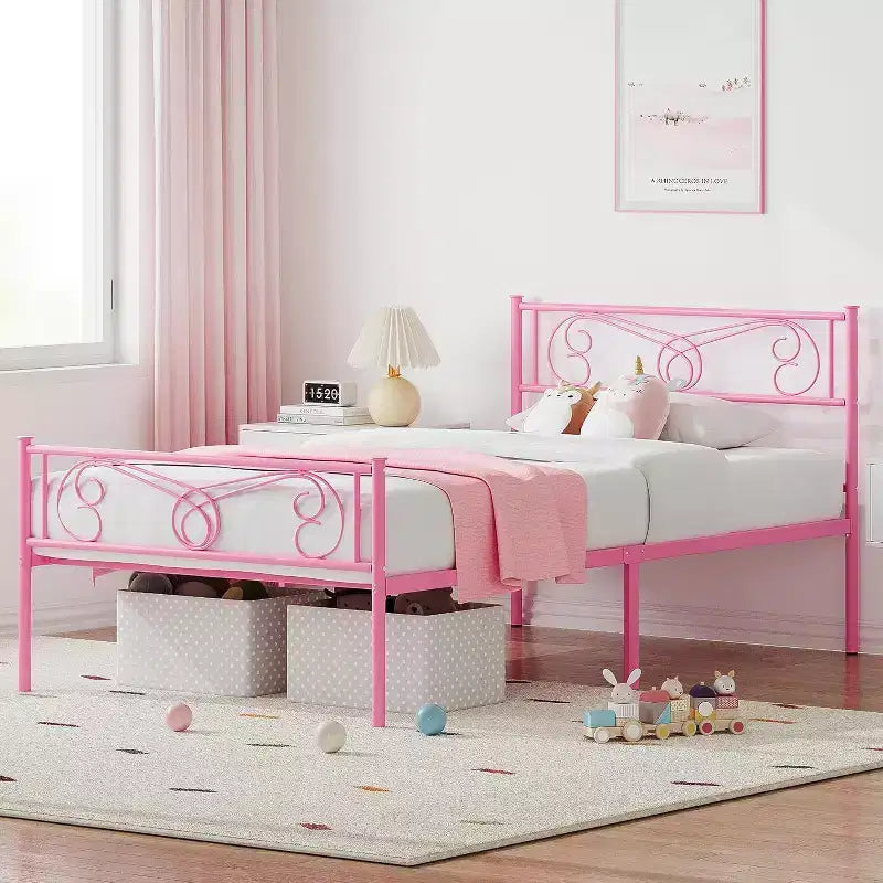 Struttura Letto Matrimoniale King Size in Metallo con Testiera e Supporto a Doghe in Acciaio, con 35 cm di Spazio Contenitore, Nessuna Rete a Molle Necessaria, Facile da Montare