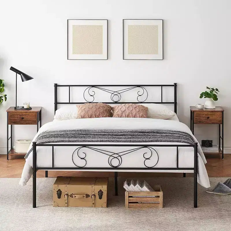 Struttura Letto Matrimoniale King Size in Metallo con Testiera e Supporto a Doghe in Acciaio, con 35 cm di Spazio Contenitore, Nessuna Rete a Molle Necessaria, Facile da Montare