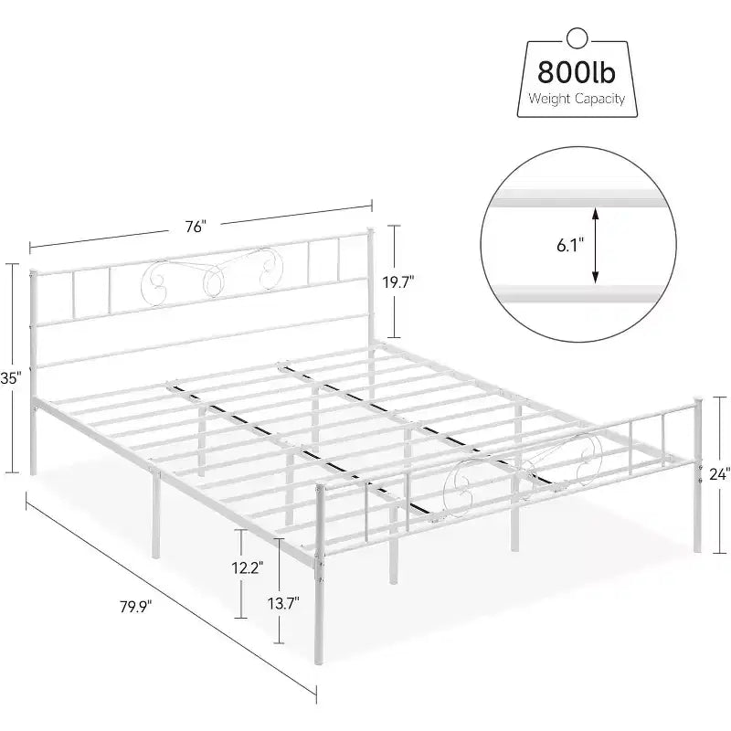 Struttura Letto Matrimoniale King Size in Metallo con Testiera e Supporto a Doghe in Acciaio, con 35 cm di Spazio Contenitore, Nessuna Rete a Molle Necessaria, Facile da Montare