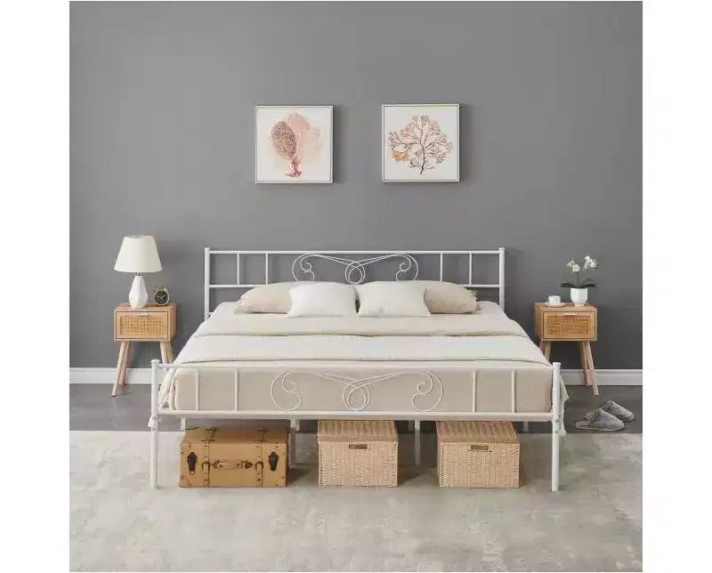 Struttura Letto Matrimoniale King Size in Metallo con Testiera e Supporto a Doghe in Acciaio, con 35 cm di Spazio Contenitore, Nessuna Rete a Molle Necessaria, Facile da Montare