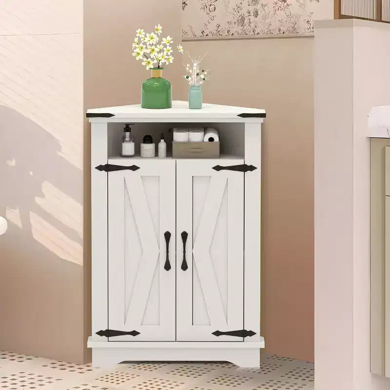 Tavolino da bagno rustico con contenitore, piccolo mobile angolare con ante scorrevoli e ripiano regolabile per piccoli spazi, cucina, soggiorno