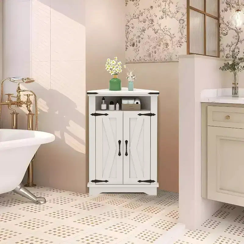 Tavolino da bagno rustico con contenitore, piccolo mobile angolare con ante scorrevoli e ripiano regolabile per piccoli spazi, cucina, soggiorno