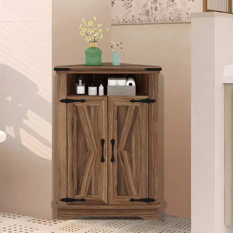 Tavolino da bagno rustico con contenitore, piccolo mobile angolare con ante scorrevoli e ripiano regolabile per piccoli spazi, cucina, soggiorno
