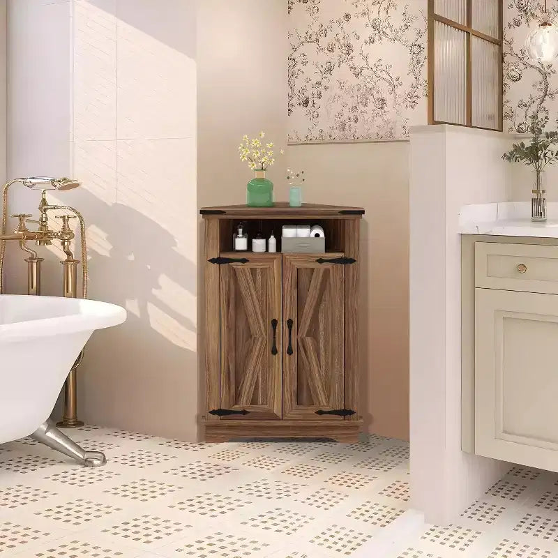 Tavolino da bagno rustico con contenitore, piccolo mobile angolare con ante scorrevoli e ripiano regolabile per piccoli spazi, cucina, soggiorno