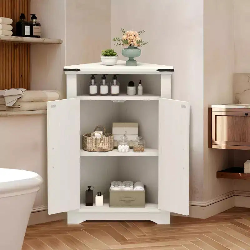 Tavolino da bagno rustico con contenitore, piccolo mobile angolare con ante scorrevoli e ripiano regolabile per piccoli spazi, cucina, soggiorno