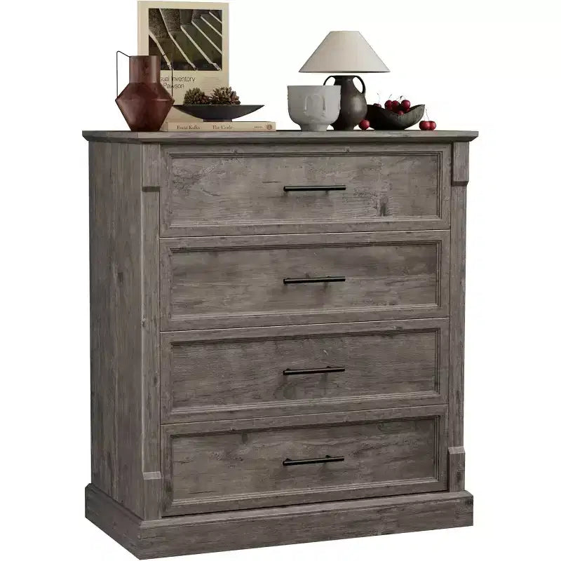 Farmhouse 4 Drawer Dresser for Bedroom, Tall Chest of Drawers with Metal Handles, Rustic Wooden Dresser TV Stand, for Living Room, Hallway