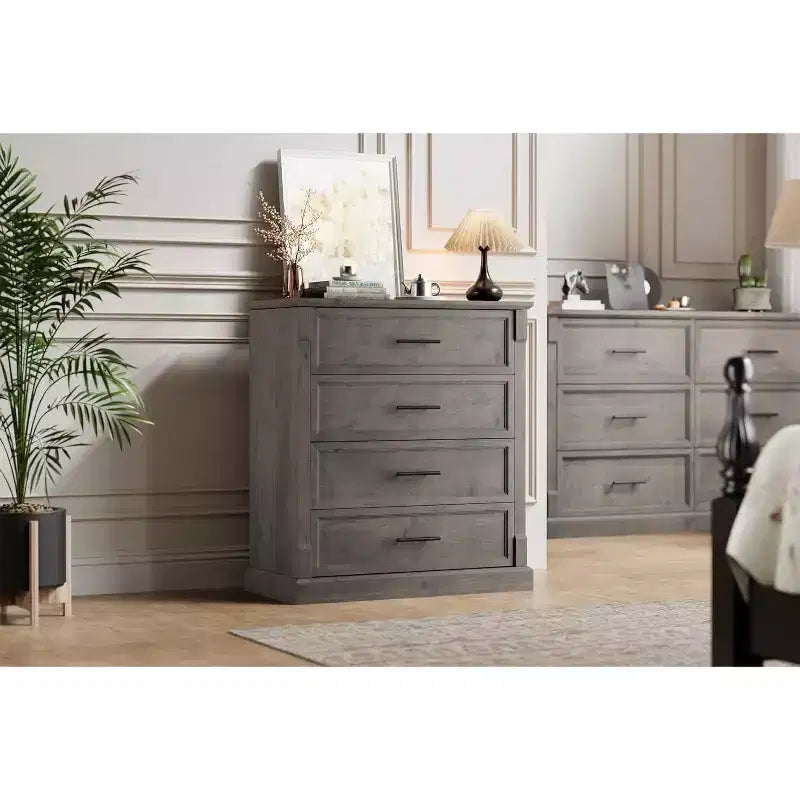Comò a 4 cassetti stile rustico per camera da letto, cassettiera alta con maniglie in metallo, comò TV rustico in legno, per soggiorno, corridoio
