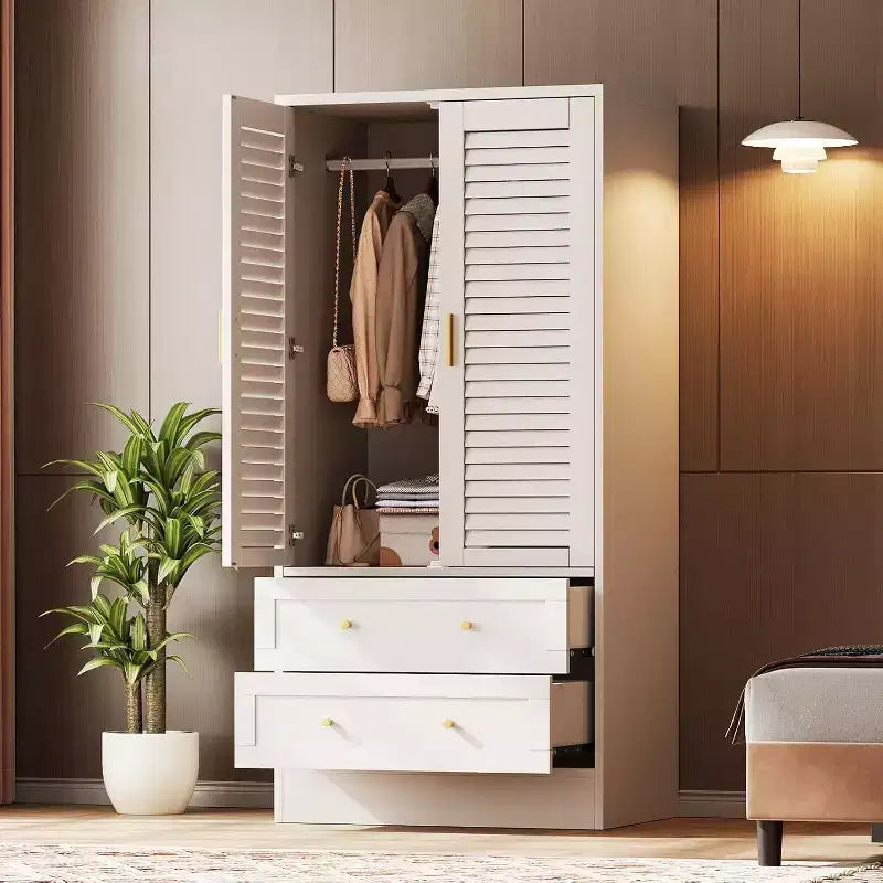 Armadio Guardaroba in Legno da 65 Pollici con Asta Appendini, Mobile Contenitore Moderno con 2 Ante e 2 Cassetti, per Camera da Letto, Guardaroba
