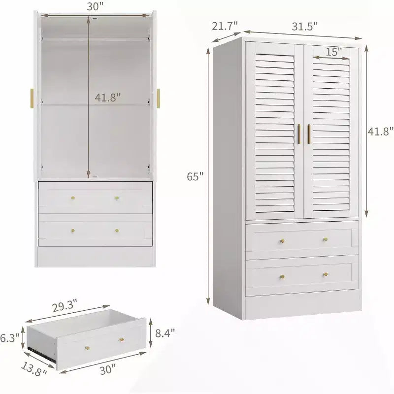 Armadio Guardaroba in Legno da 65 Pollici con Asta Appendini, Mobile Contenitore Moderno con 2 Ante e 2 Cassetti, per Camera da Letto, Guardaroba