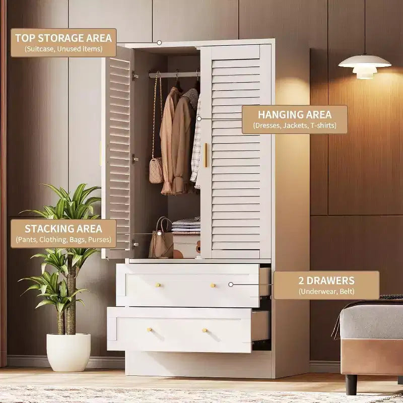 Armadio Guardaroba in Legno da 65 Pollici con Asta Appendini, Mobile Contenitore Moderno con 2 Ante e 2 Cassetti, per Camera da Letto, Guardaroba