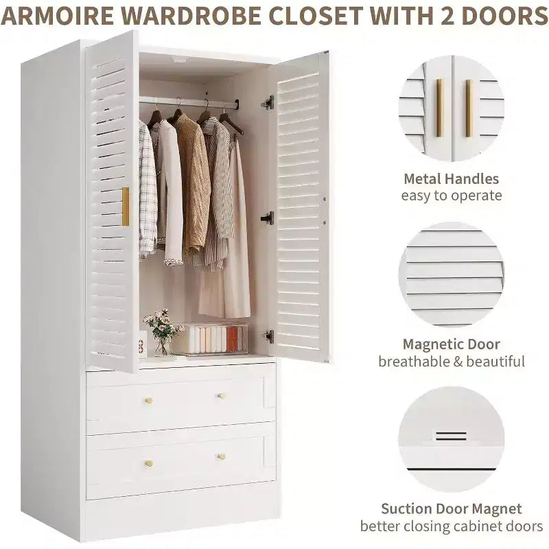 Armadio Guardaroba in Legno da 65 Pollici con Asta Appendini, Mobile Contenitore Moderno con 2 Ante e 2 Cassetti, per Camera da Letto, Guardaroba