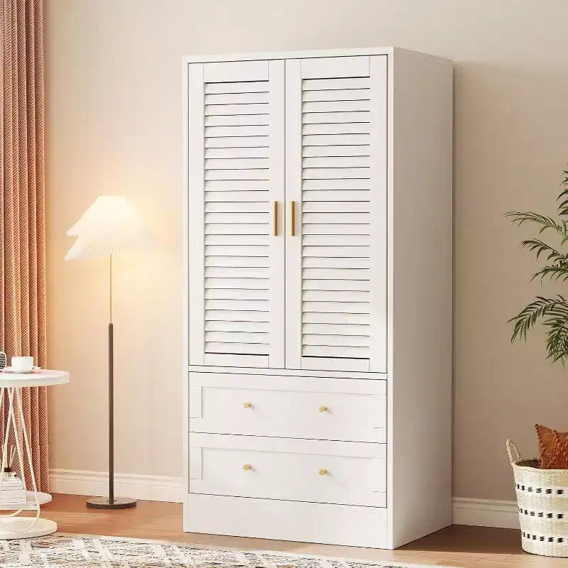 Armadio Guardaroba in Legno da 65 Pollici con Asta Appendini, Mobile Contenitore Moderno con 2 Ante e 2 Cassetti, per Camera da Letto, Guardaroba