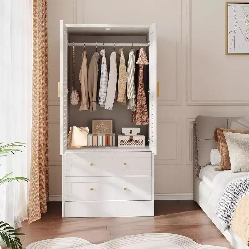 Armadio Guardaroba in Legno da 65 Pollici con Asta Appendini, Mobile Contenitore Moderno con 2 Ante e 2 Cassetti, per Camera da Letto, Guardaroba