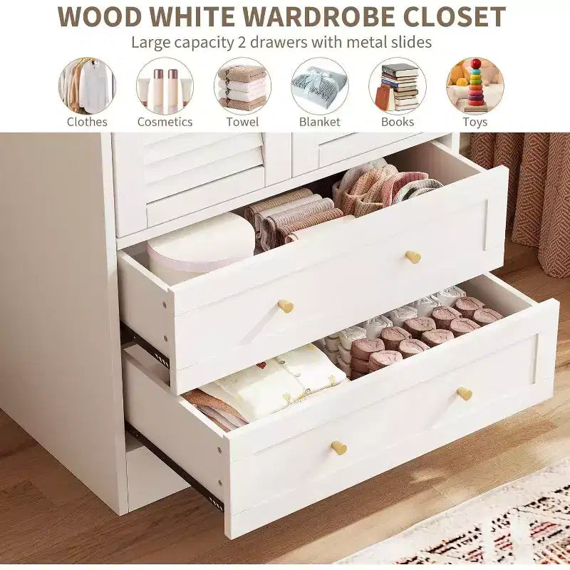 Armadio Guardaroba in Legno da 65 Pollici con Asta Appendini, Mobile Contenitore Moderno con 2 Ante e 2 Cassetti, per Camera da Letto, Guardaroba