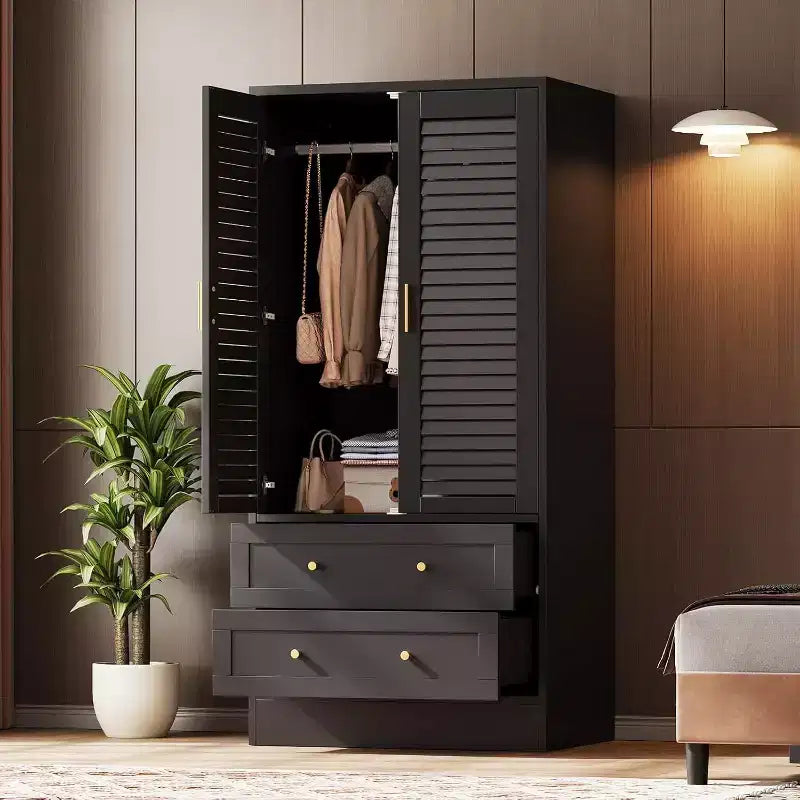 Armadio Guardaroba in Legno da 65 Pollici con Asta Appendini, Mobile Contenitore Moderno con 2 Ante e 2 Cassetti, per Camera da Letto, Guardaroba