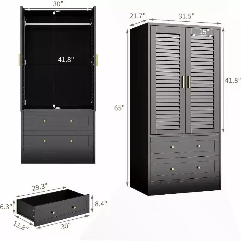Armadio Guardaroba in Legno da 65 Pollici con Asta Appendini, Mobile Contenitore Moderno con 2 Ante e 2 Cassetti, per Camera da Letto, Guardaroba