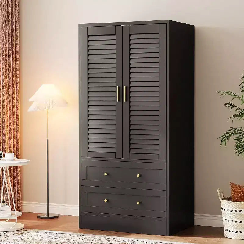 Armadio Guardaroba in Legno da 65 Pollici con Asta Appendini, Mobile Contenitore Moderno con 2 Ante e 2 Cassetti, per Camera da Letto, Guardaroba