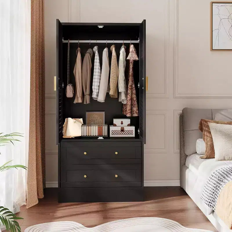 Armadio Guardaroba in Legno da 65 Pollici con Asta Appendini, Mobile Contenitore Moderno con 2 Ante e 2 Cassetti, per Camera da Letto, Guardaroba