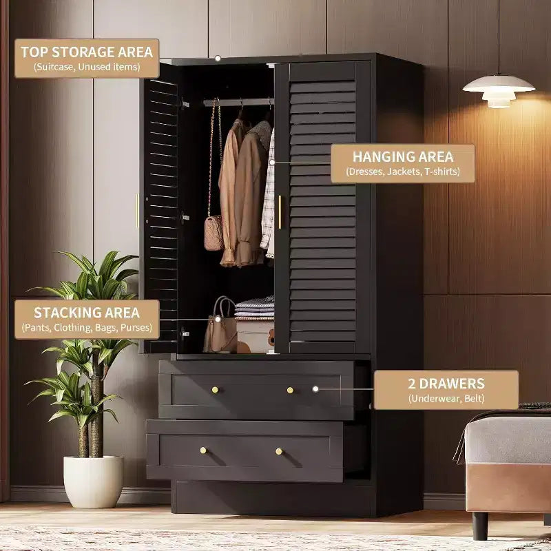 Armadio Guardaroba in Legno da 65 Pollici con Asta Appendini, Mobile Contenitore Moderno con 2 Ante e 2 Cassetti, per Camera da Letto, Guardaroba