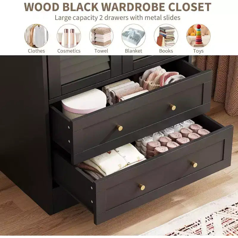 Armadio Guardaroba in Legno da 65 Pollici con Asta Appendini, Mobile Contenitore Moderno con 2 Ante e 2 Cassetti, per Camera da Letto, Guardaroba
