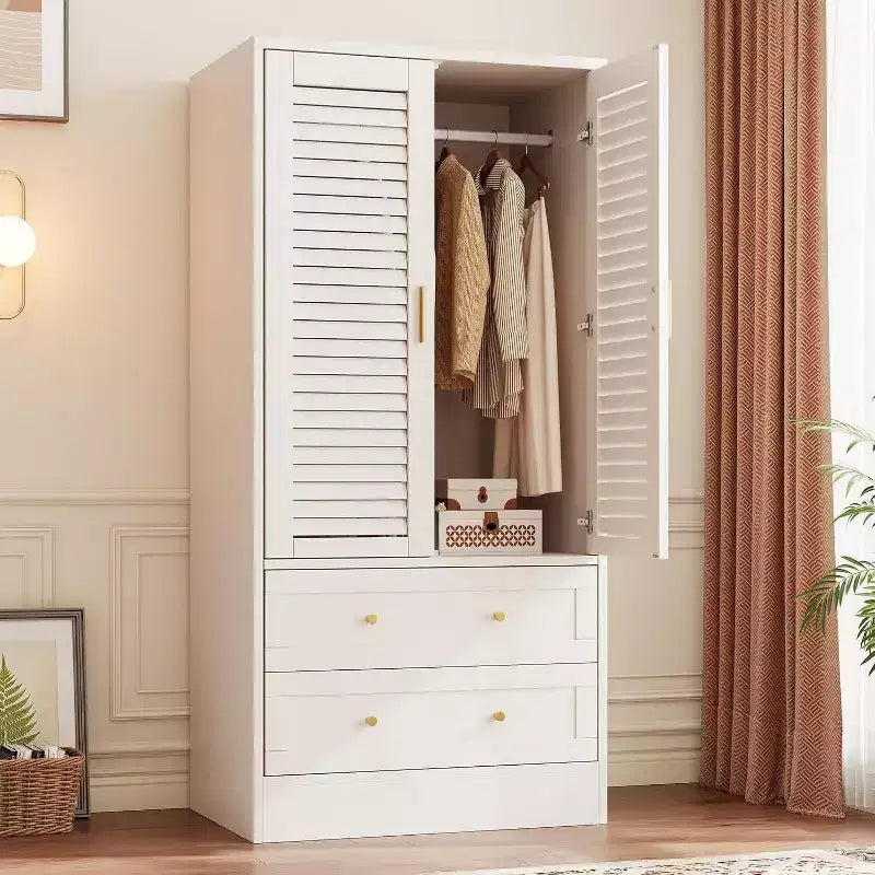 Armadio Guardaroba in Legno da 65 Pollici con Asta Appendini, Mobile Contenitore Moderno con 2 Ante e 2 Cassetti, per Camera da Letto, Guardaroba