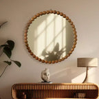 GDFStudio Arabella Modern Wood and Glass Decorative Round Hanging Wall Mirror With Wooden Bead Design