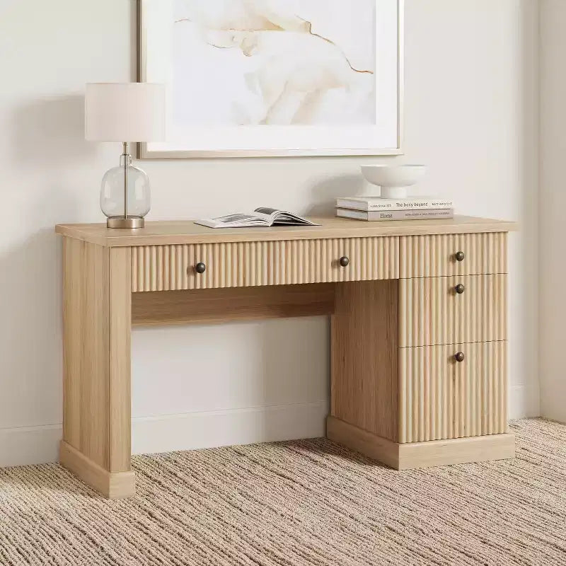 COZONY 60 Scrivania Direzionale Moderna con Piano in Legno Scanalato, Mobile Archivio e Cassetti, Scrivania Spaziosa con Contenitore per Ufficio Domestico, Studio e Camera da Letto