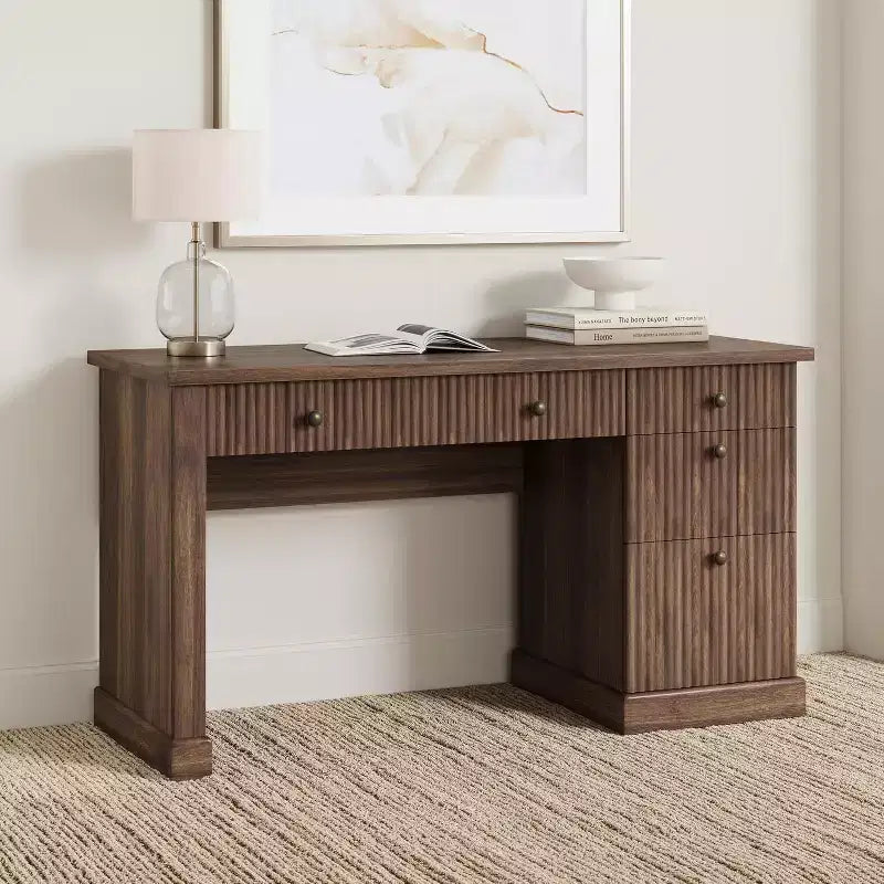 COZONY 60 Scrivania Direzionale Moderna con Piano in Legno Scanalato, Mobile Archivio e Cassetti, Scrivania Spaziosa con Contenitore per Ufficio Domestico, Studio e Camera da Letto
