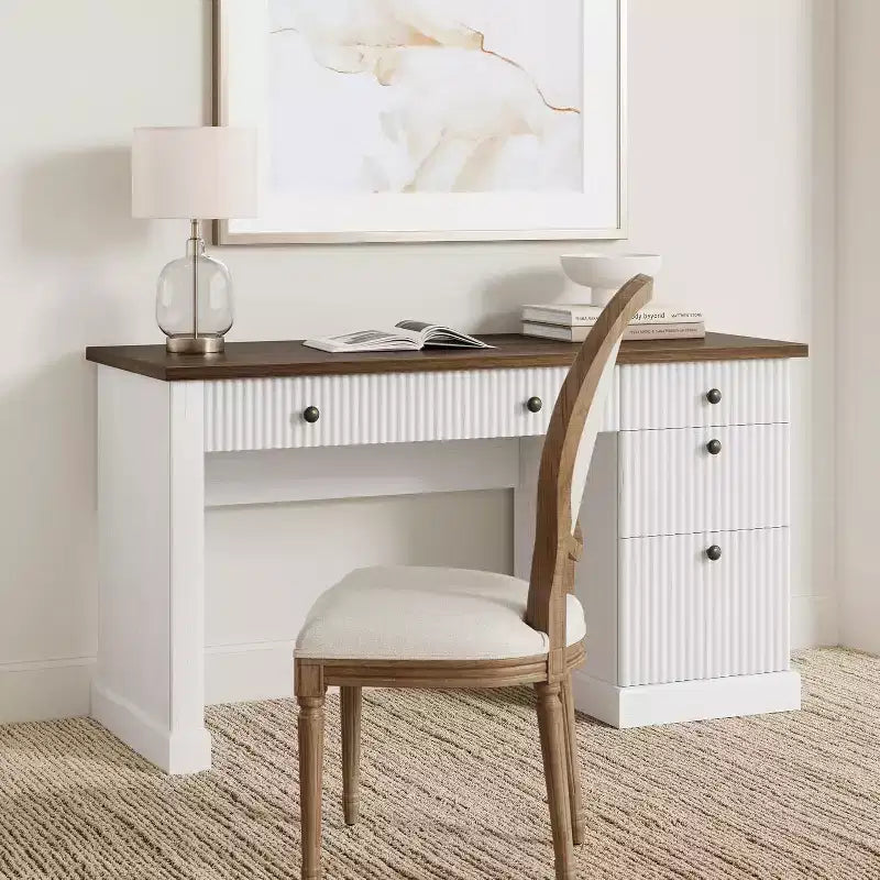 COZONY 60 Scrivania Direzionale Moderna con Piano in Legno Scanalato, Mobile Archivio e Cassetti, Scrivania Spaziosa con Contenitore per Ufficio Domestico, Studio e Camera da Letto