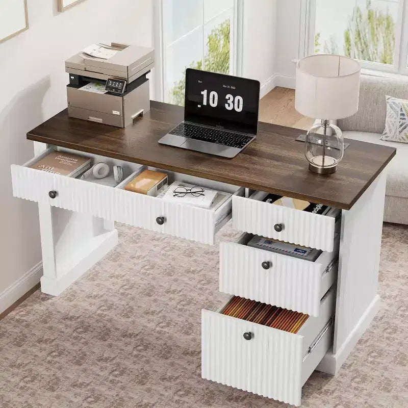COZONY 60 Scrivania Direzionale Moderna con Piano in Legno Scanalato, Mobile Archivio e Cassetti, Scrivania Spaziosa con Contenitore per Ufficio Domestico, Studio e Camera da Letto