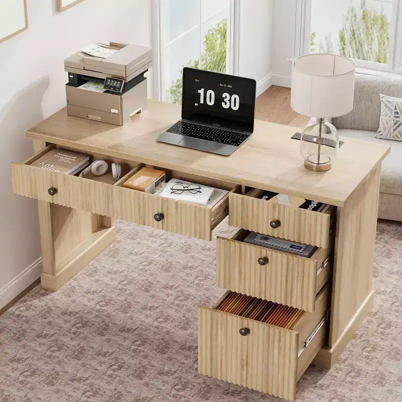COZONY 60 Scrivania Direzionale Moderna con Piano in Legno Scanalato, Mobile Archivio e Cassetti, Scrivania Spaziosa con Contenitore per Ufficio Domestico, Studio e Camera da Letto