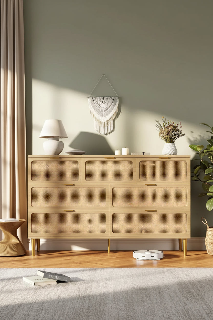 Rattan 7-Drawer Dresser for Bedroom - 53.9 Wooden Chest of Drawers w/Metal Handles, Multi-Functional TV Stand & Storage Organizer