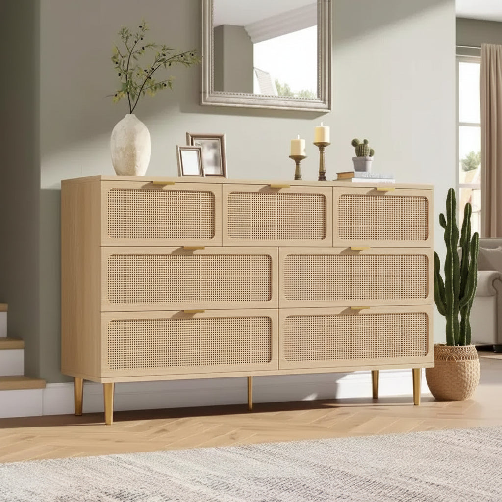 Cassettiera a 7 cassetti in rattan per camera da letto - Cassettiera in legno da 53,9 cm con maniglie in metallo, porta TV multifunzione e organizer contenitore
