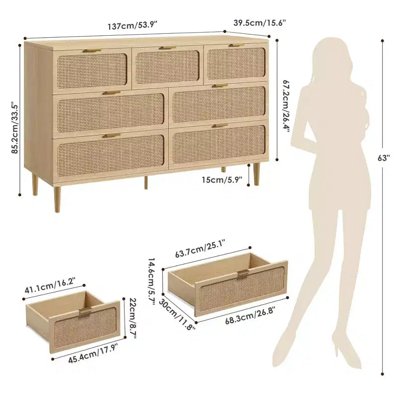Cassettiera a 7 cassetti in rattan per camera da letto - Cassettiera in legno da 53,9 cm con maniglie in metallo, porta TV multifunzione e organizer contenitore