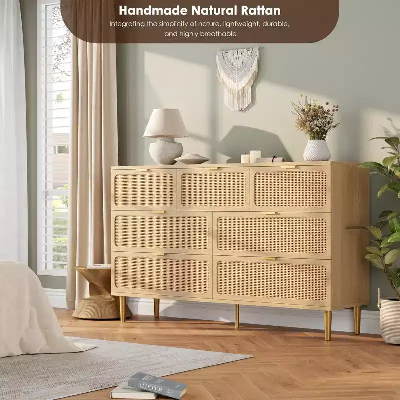Cassettiera a 7 cassetti in rattan per camera da letto - Cassettiera in legno da 53,9 cm con maniglie in metallo, porta TV multifunzione e organizer contenitore